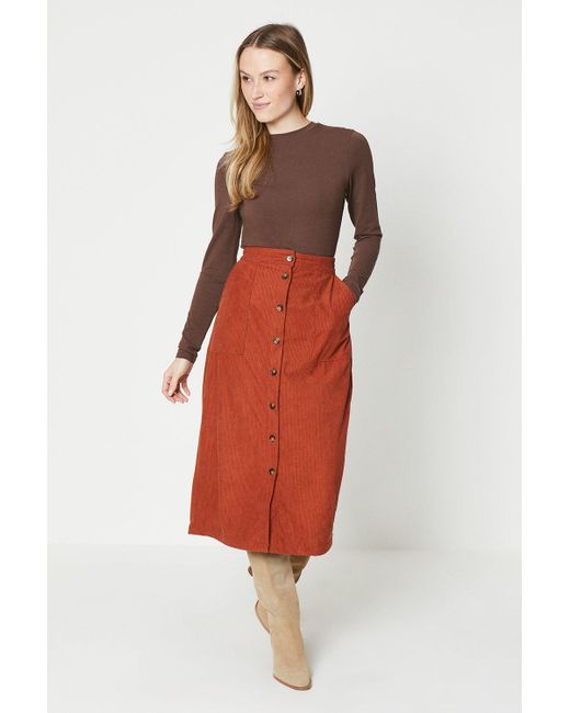 Oasis Red Cord Button Front Midi Skirt
