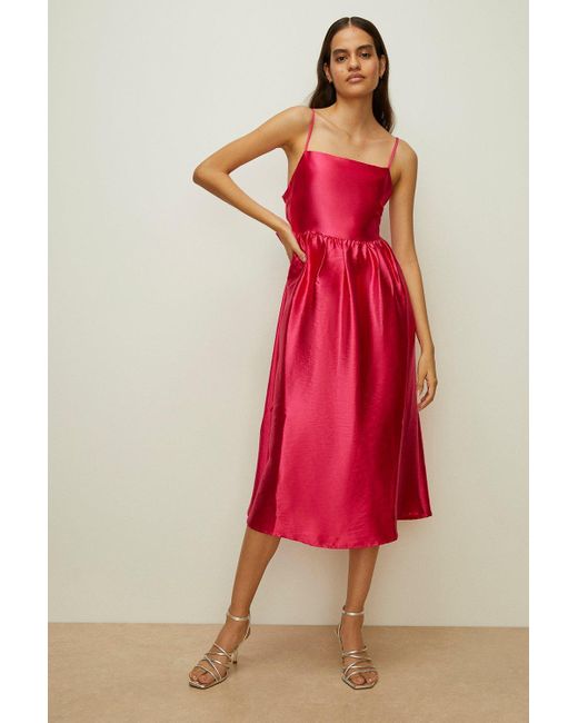 Oasis Red Strappy Satin Twill Bow Back Midi Dress
