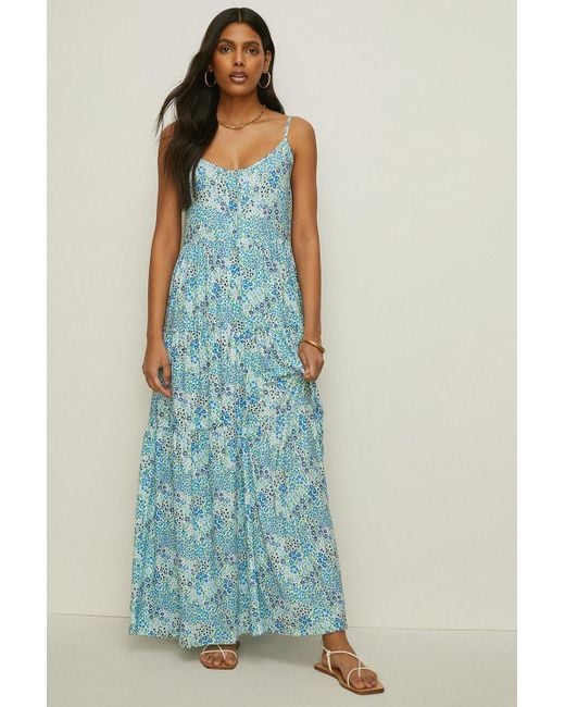 Oasis Blue Floral Print Button Front Tiered Maxi Dress