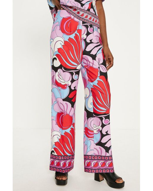 Oasis Red Printed Crepe Straight Leg Trouser