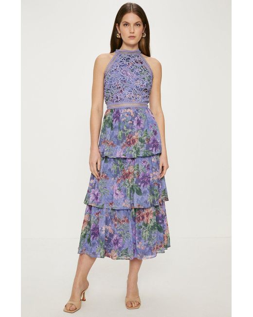 Oasis Blue Floral Lace Halter Neck Tiered Midi Dress