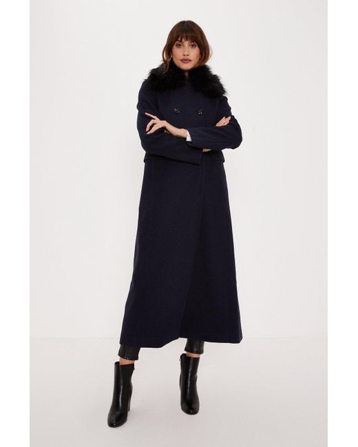 Oasis Blue Maxi Length Double Breasted Fur Collar Dolly Coat