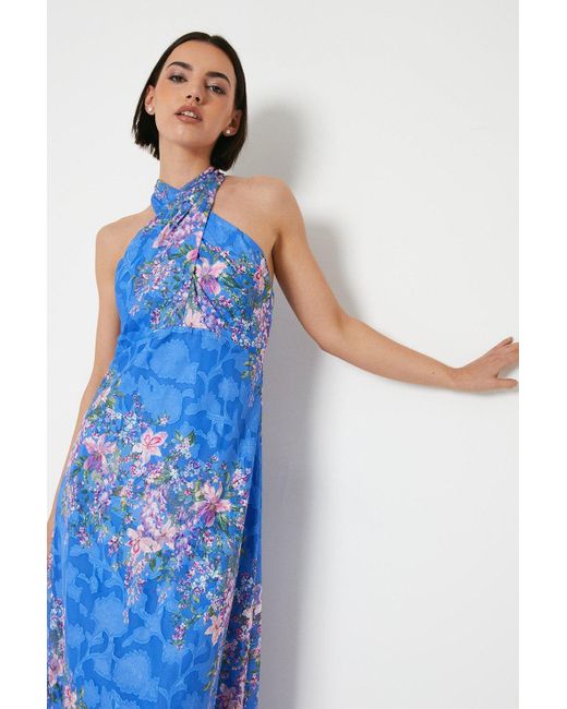 Oasis Blue Floral Cross Front Satin Burnout Halter Midi Dress
