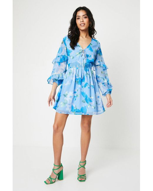 Oasis Blue Petite Floral Chiffon Frill Balloon Sleeve Mini Dress