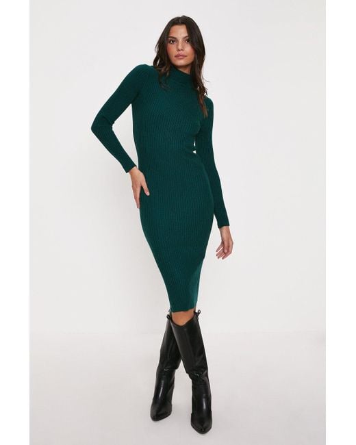 Oasis Funnel Neck Rib Knitted Midi Dress in Green