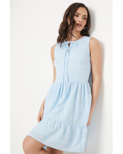 Oasis Blue Embroidered Cotton Tie Neckline Tiered Mini Dress