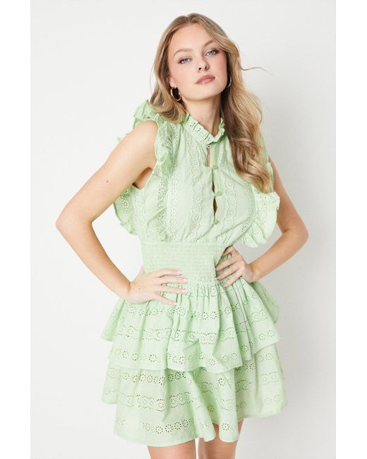 Oasis Green Broderie Frill Detail Shirred Waist Mini Dress