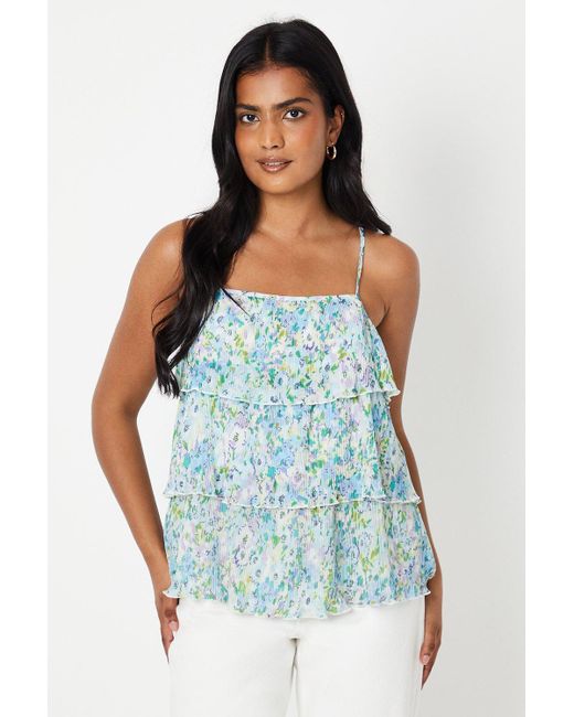 Oasis Blue Floral Tiered Pleat Strappy Top