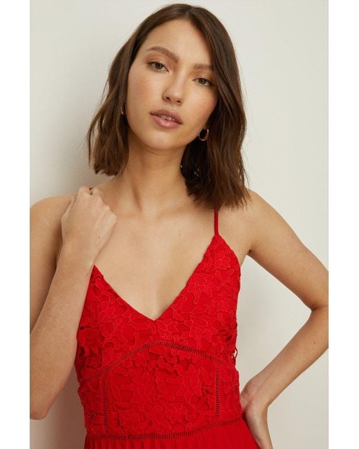 Oasis Red Strappy Lace V Neck Pleat Midi Dress