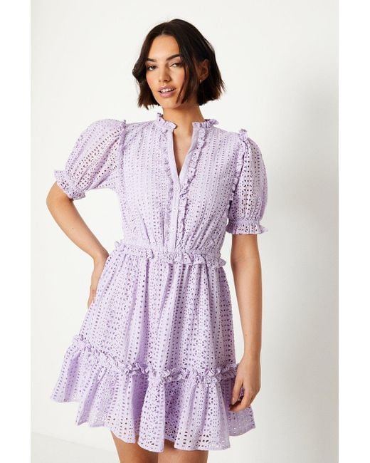 Oasis Purple Broderie Frill Detail Button Down Mini Dress