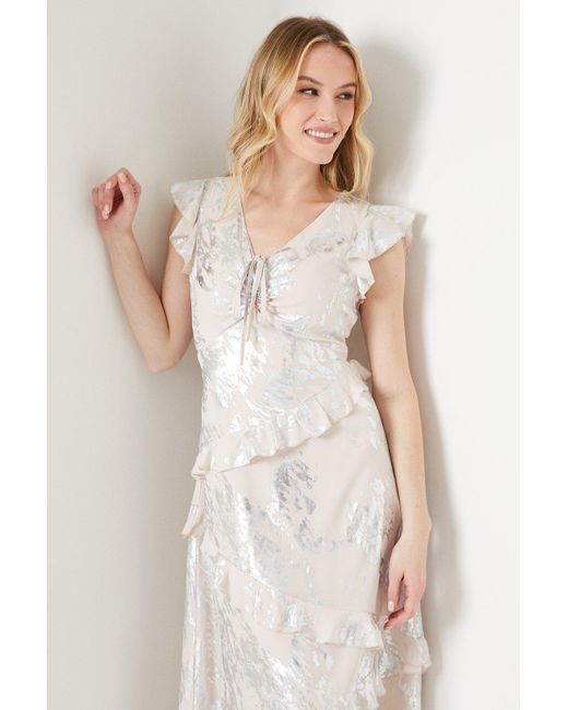Oasis White Occasion Foil Ruffle Midaxi Dress