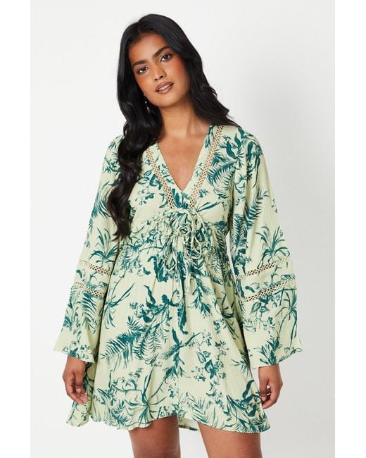 Oasis Green Petie Floral Tie Front Kimono Sleeve Tiered Mini Dress