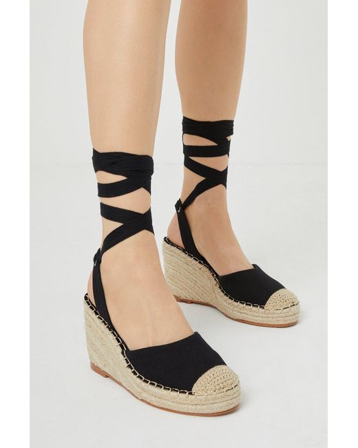 Oasis Black Canvas Espadrille Lace Up Wedge