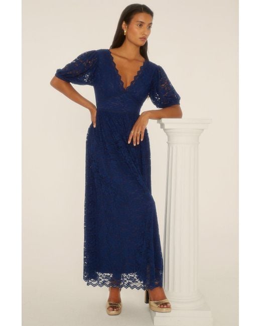 Oasis Blue Lace Puff Sleeve V Neck Midaxi Dress