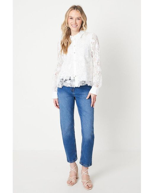 Oasis White Premium Scallop Lace Collared Shirt