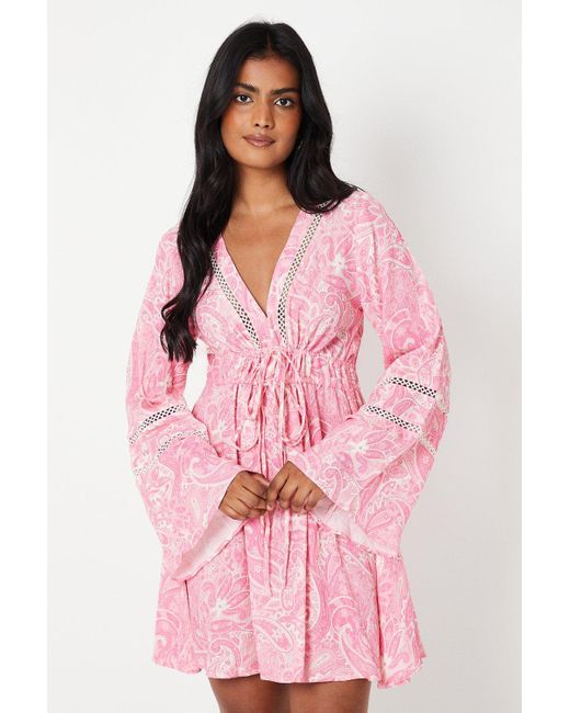 Oasis Pink Paisley Tie Front Kimono Sleeve Tiered Crinkle Mini Dress