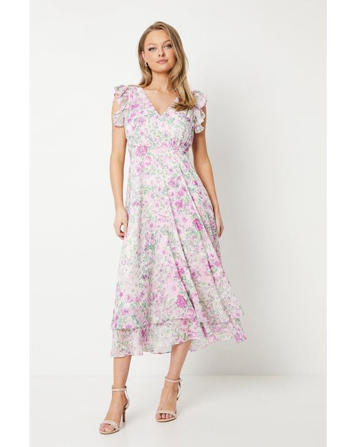 Oasis Pink Ruffle Shoulder Midi Dress