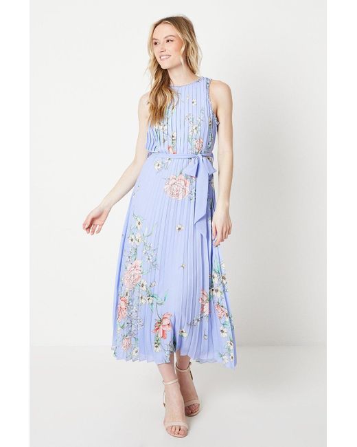 Oasis Blue Occasion Floral Pleat Belted Midi Dress