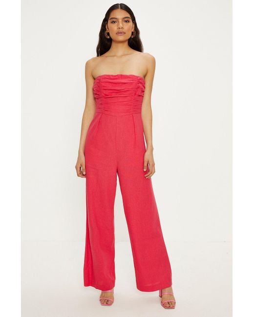 Oasis Red Linen Mix Ruched Detail Strapless Jumpsuit