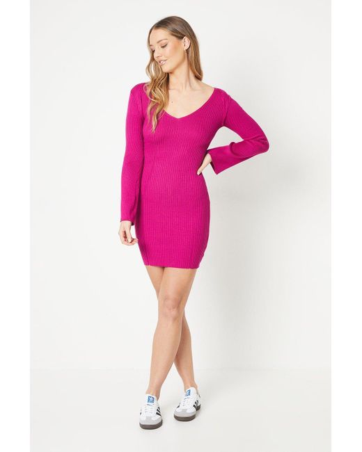 Oasis Pink Knitted Rib V Neck Mini Dress