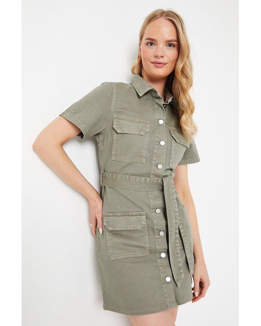 Oasis Green Denim Belted Button Through Mini Dress