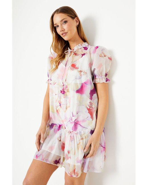 Oasis White Blurred Floral 3d Flower Puff Sleeve Mini Dress