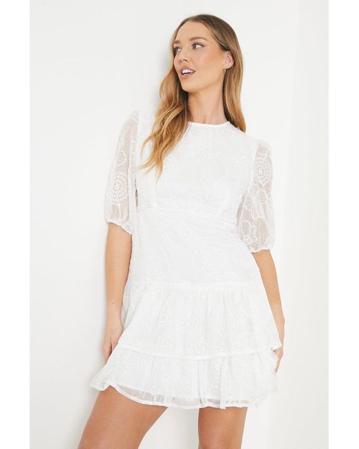 Oasis White Floral Embroidered Organza Tiered Mini Dress