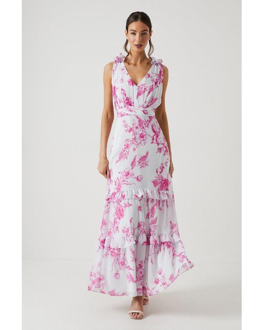 Oasis Pink Floral Ruffle Shoulder Chiffon Maxi Bridesmaids Dress