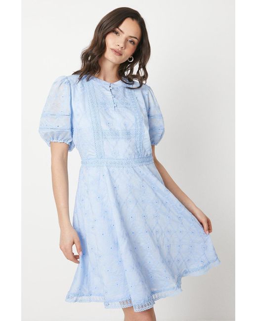 Oasis Blue Ladder Trim Embroidered Mini Dress