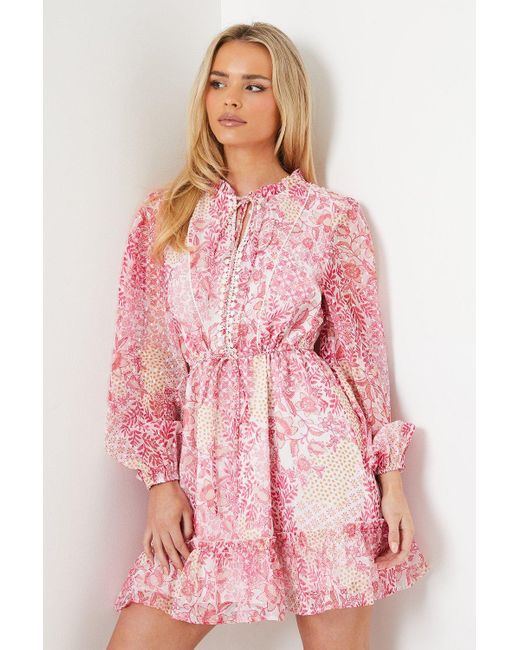 Oasis Pink Petite Patchwork Floral Dobby Chiffon Mini Dress