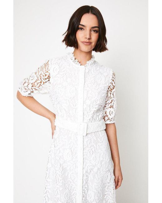 Oasis White Puff Sleeve Lace Midi Shirt Dress