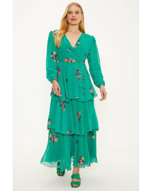 Oasis Green Embroidered Tiered Ruffle Wrap Midi Dress