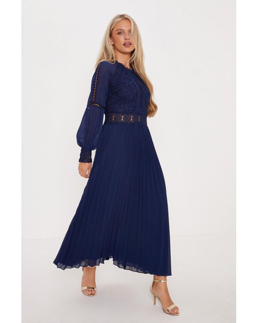 Oasis Blue Petite Premium Lace Pleated Midi Dress
