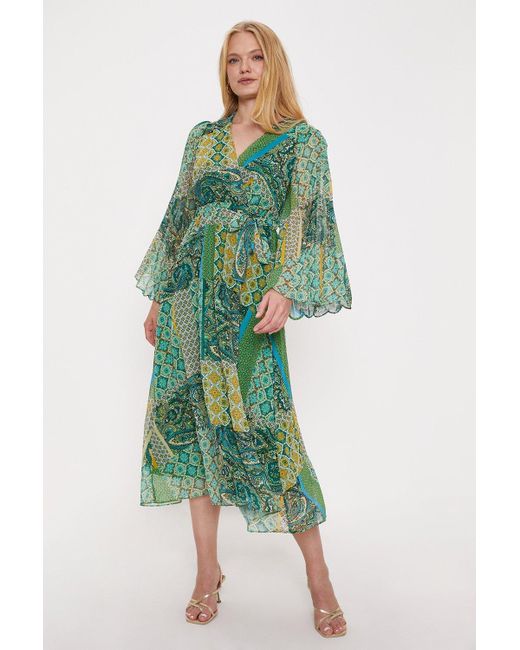 Oasis Green Printed Belted Wrap Midi Dress