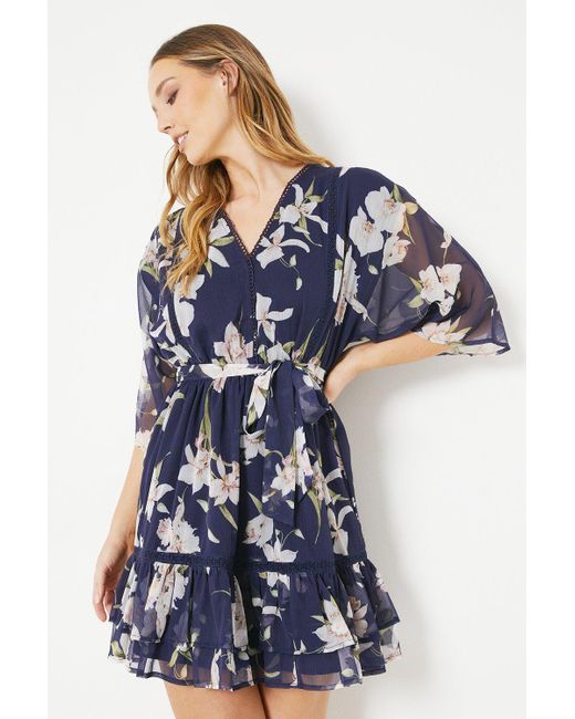 Oasis Blue Floral Kimono Sleeve Mini Dress