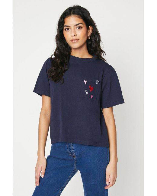 Oasis Blue Petite Heart Pocket Embroidered T-shirt