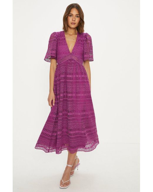 Oasis Purple Premium Geo Lace Angel Sleeve V Neck Maxi Dress