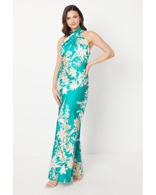 Oasis Blue Floral Satin Twist Halterneck Maxi Dress