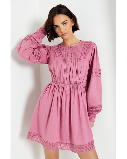 Oasis Pink Lace Insert Broderie Ruffle Mini Dress