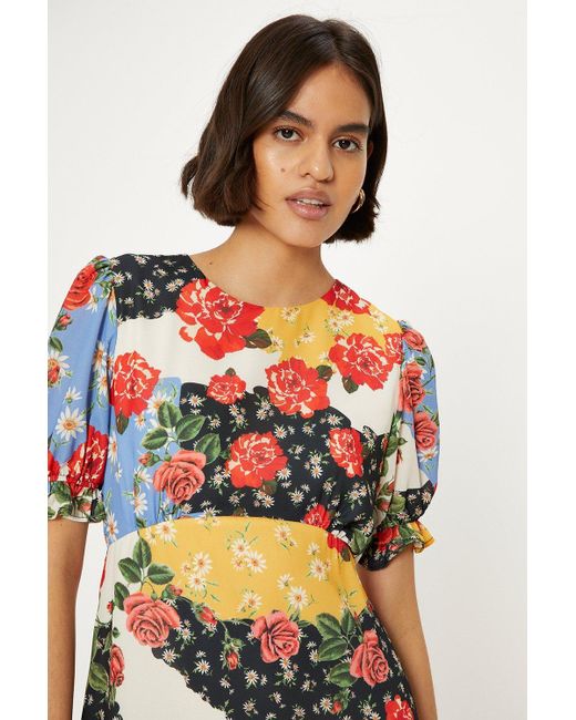 Oasis Multicolor Petite Short Sleeve Floral Print Midi Tea Dress
