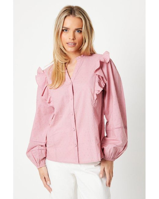 Oasis Pink Petite Dobby Frill Sleeve Button Through Top