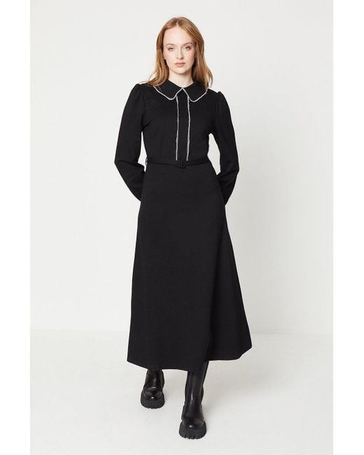 Oasis Black Contrast Stitch Scallop Collar Belted Ponte Midi Dress