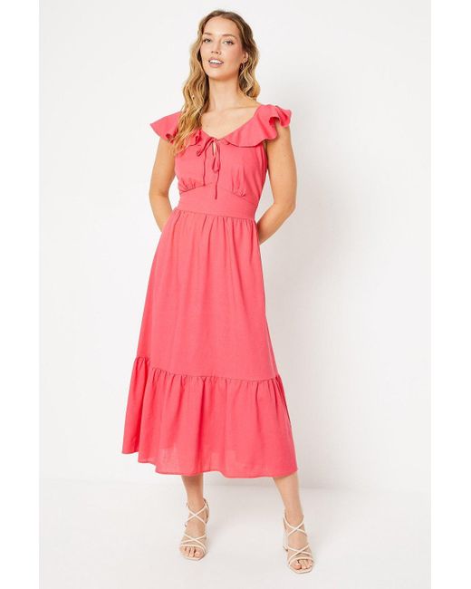 Oasis Pink Linen Frill Shoulder Midi Dress