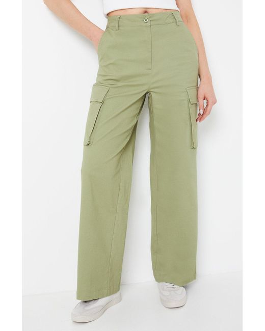 Oasis Green Twill Cargo Pocket Detail Wide Leg Trousers