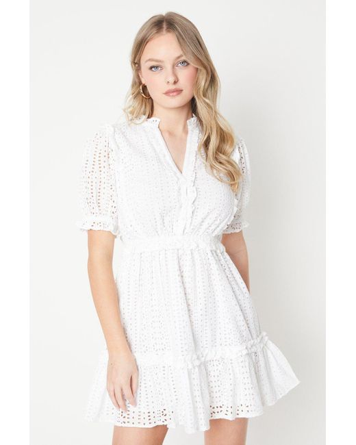 Oasis White Broderie Frill Detail Button Down Mini Dress