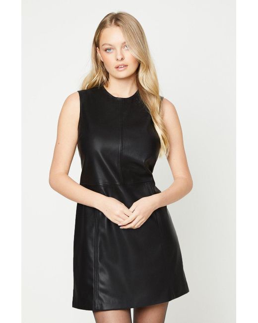 Oasis Black Faux Leather Seam Detail Shift Mini Dress