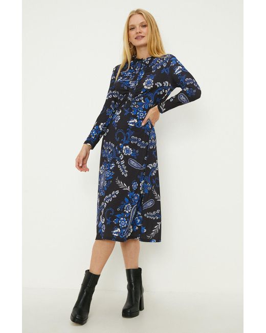 Oasis Blue Petite Paisley Printed Ruched Waist Midi Shirt Dress
