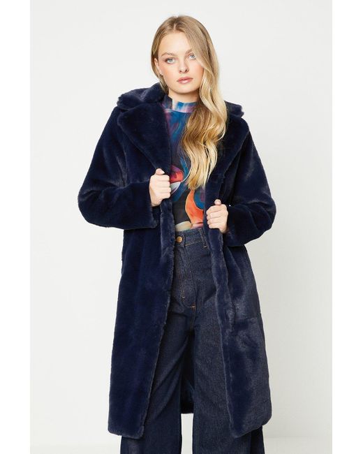 Oasis Blue Plush Faux Fur Open Collar Longline Coat
