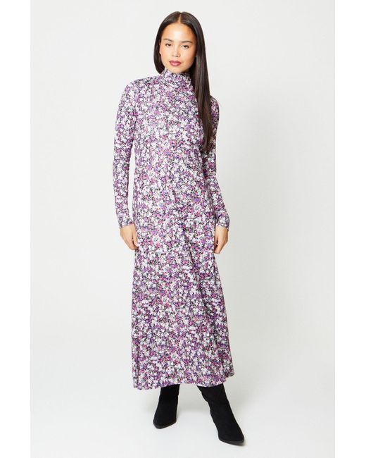 Oasis Purple Petite Floral Roll Neck Long Sleeve Jersey Dress
