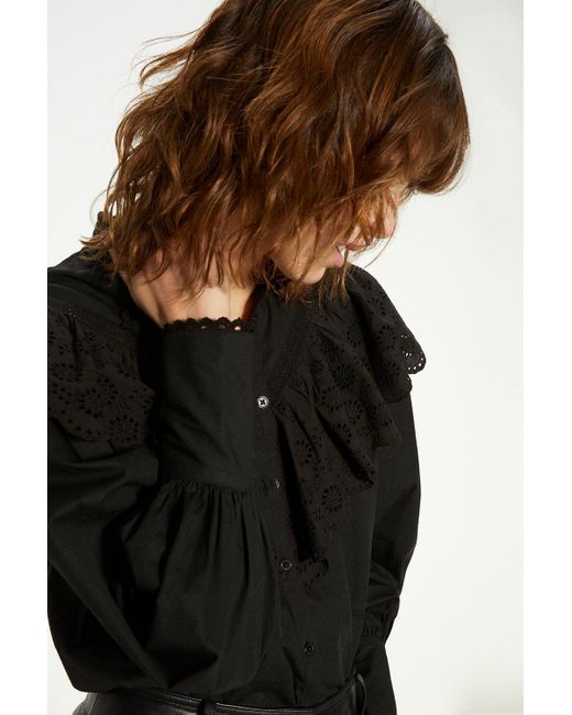 Oasis Black Detailed Broderie Lace Trim Ruffle Blouse